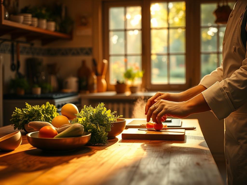 A serene and cozy kitchen setting featuring a wooden table