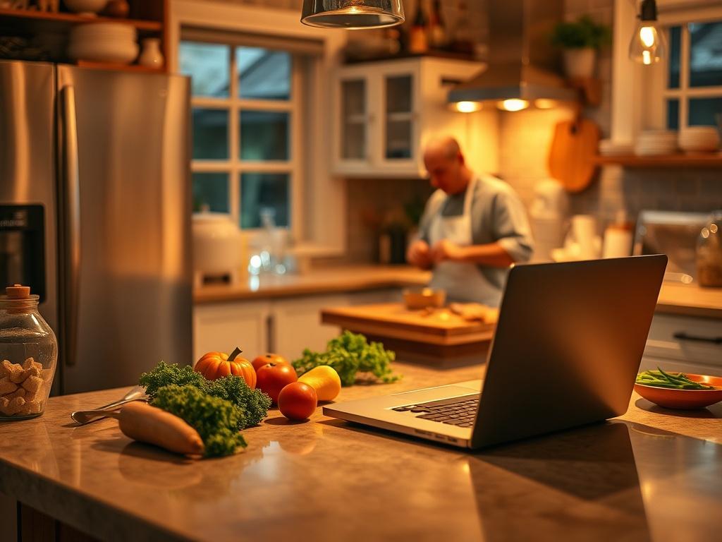 A cozy home kitchen with a laptop open on the
