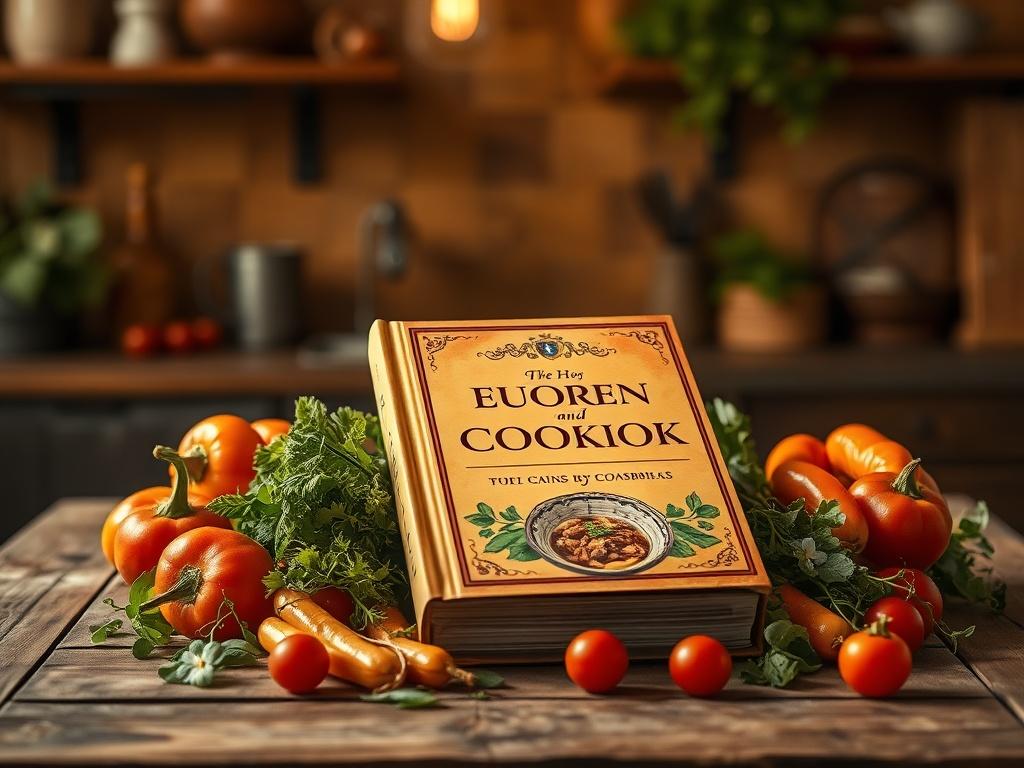 An elegant cookbook displayed on a rustic wooden table surrounded