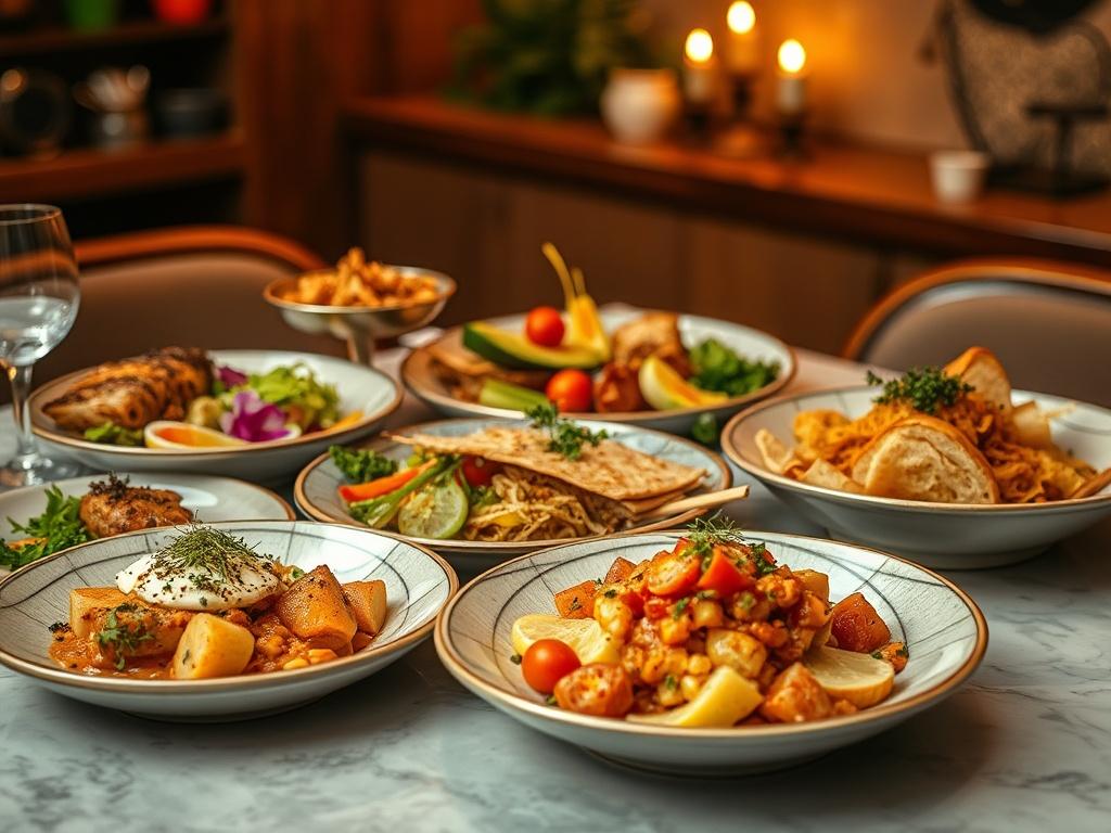 An artistic arrangement of beautifully plated dishes, showcasing vibrant colors