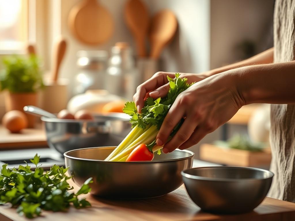 A close up of hands skillfully preparing fresh vegetables with