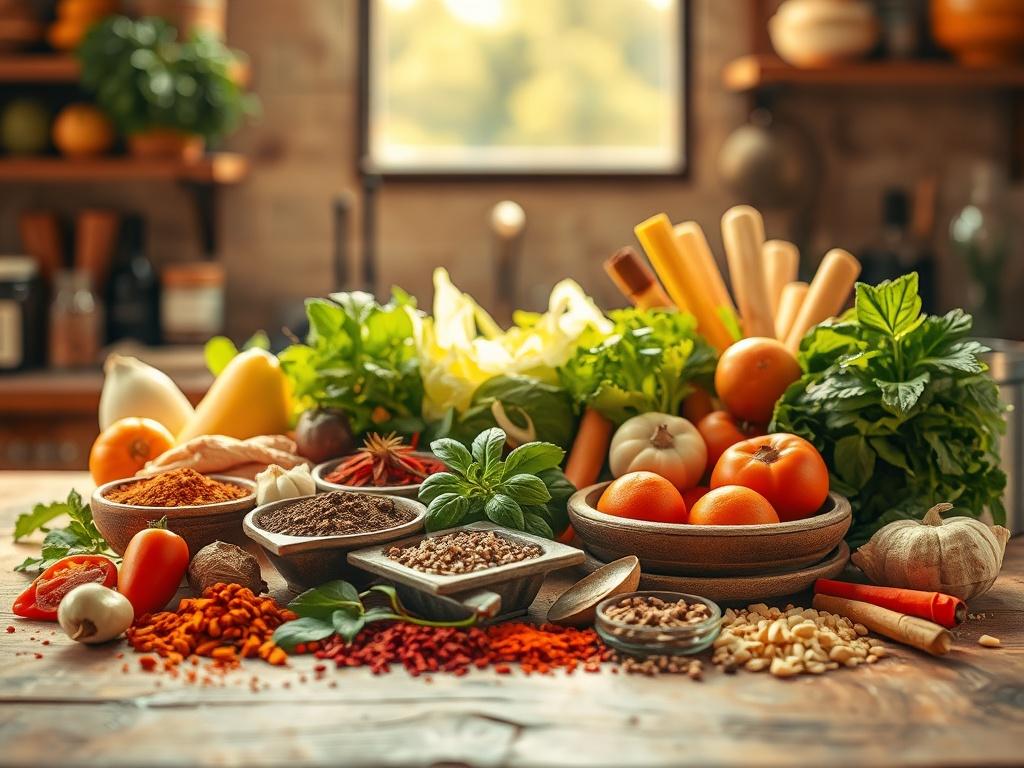 A serene kitchen scene showcasing an array of spices and