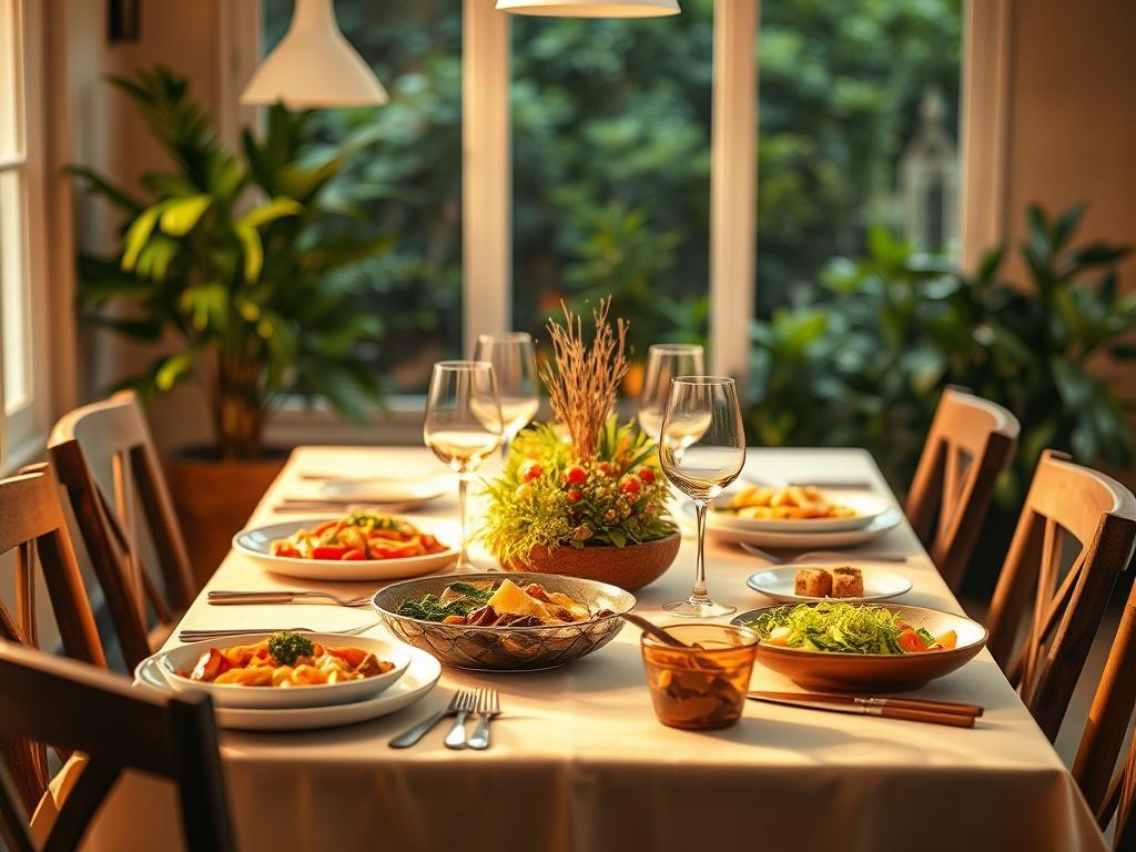 A peaceful dining scene featuring a beautifully set table with