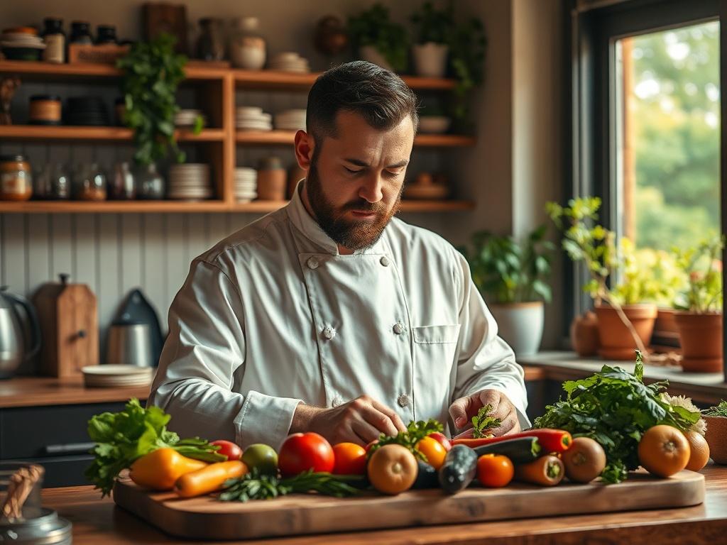 **Prompt for AI Image Generation:**

Create a realistic high-resolution photo that embodies the essence of "The Art of Mindful Cooking." The composition should feature a single subject: a serene chef, deeply focused and engaged in the act of preparing ingredients for a meal. The chef should be in a cozy, warm kitchen setting, surrounded by fresh, colorful vegetables and herbs laid out on a rustic wooden cutting board. Soft, golden lighting should fill the space, gently illuminating the chef’s concentrated e