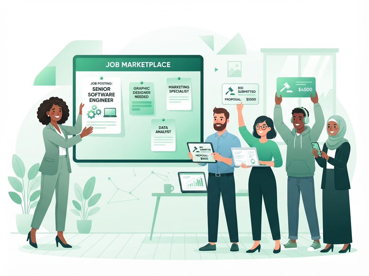 Illustration of an employer posting a job while service providers submit bids on the marketplace