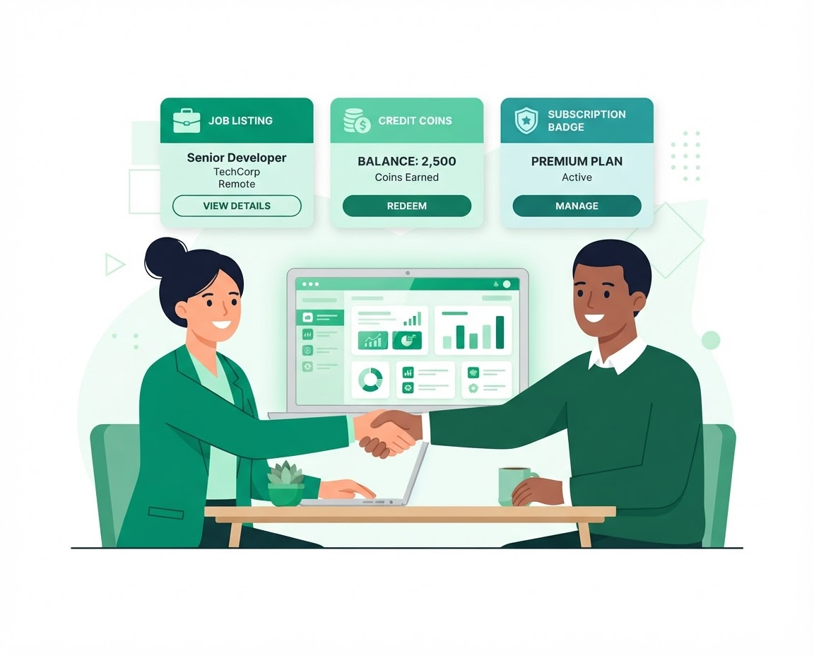 Illustration of an employer and a service provider shaking hands, with job listing, credits and subscription cards floating around them