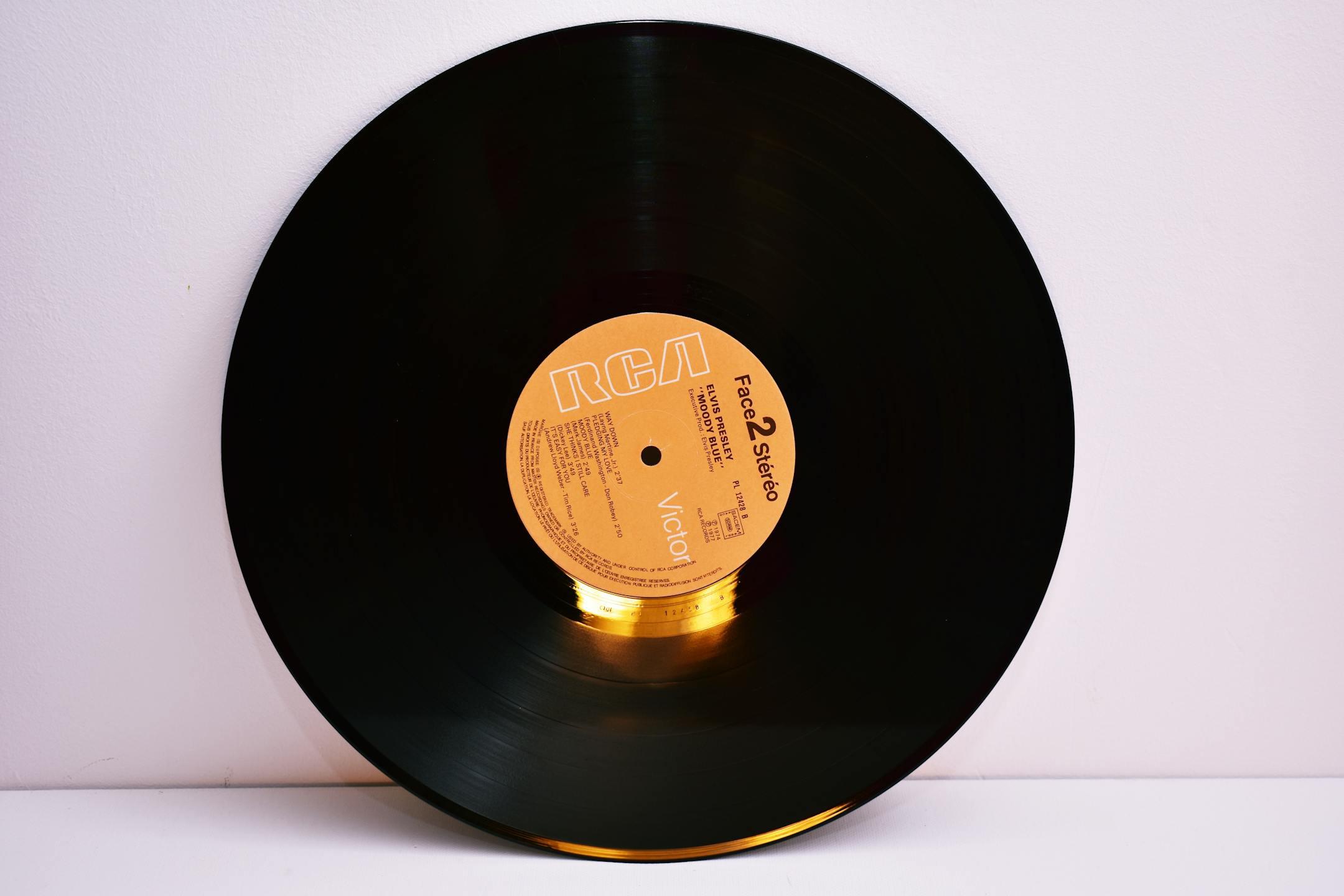 Close-up of a classic RCA labeled vinyl record on a white background.