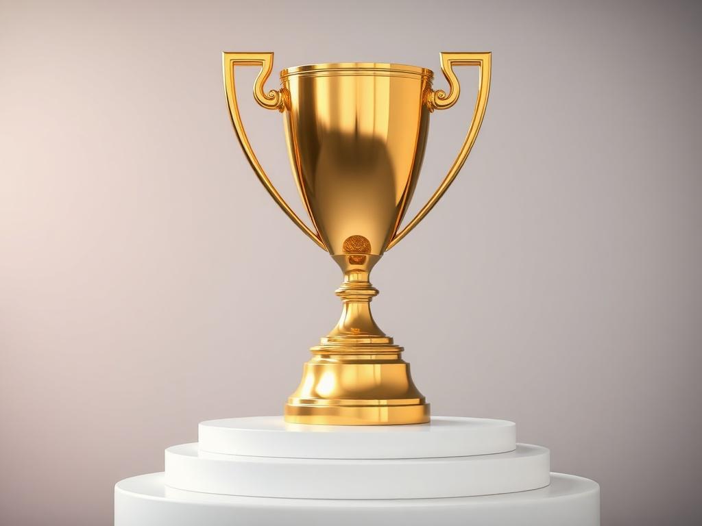 A close-up shot of a trophy with a shining gold finish, symbolizing excellence in recruiting. The trophy should be placed on a sleek, modern podium. The background should be softly blurred, emphasizing the trophy, and featuring a gentle gradient that complements the rgb(25, 105, 220) primary color.