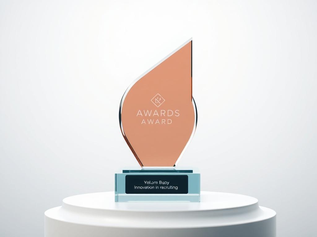 A close-up shot of a modern award with a sleek design, symbolizing innovation in recruiting. The award should be displayed on a minimalist pedestal with a soft-focus background, emphasizing its contemporary style, and featuring a color palette that aligns with the rgb(25, 105, 220) primary color.