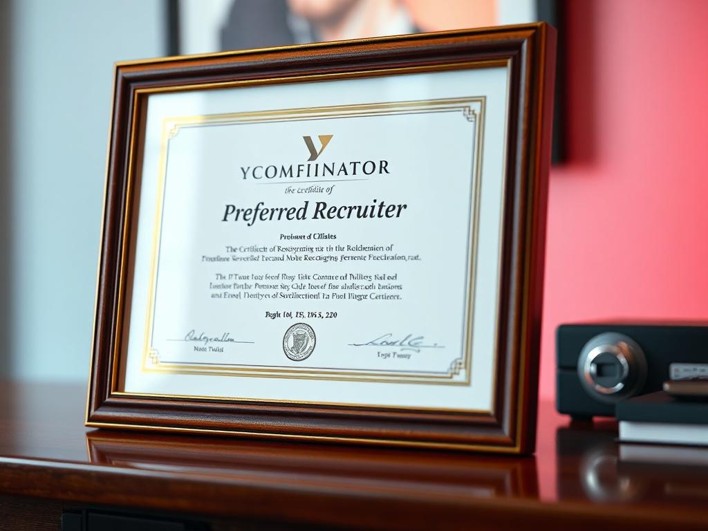 A close-up shot of a certificate of recognition, elegantly framed, representing the status of preferred recruiter for Y Combinator. The certificate is displayed on a polished wooden desk, surrounded by soft lighting that highlights its details. The background should be blurred, with a color gradient that complements the rgb(25, 105, 220) primary color.