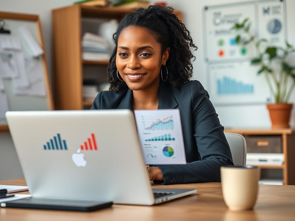 Create a realistic high-resolution photo that captures the essence of "Navigating Go-To-Market Strategies for Startups." The composition should focus on a single subject: a confident, diverse entrepreneur (preferably a woman of color) seated at a modern desk with a laptop open in front of her, displaying graphs and charts related to market strategies. She should be deep in thought, looking thoughtfully at the screen, with a slight smile indicating optimism and determination.

The background should be softly