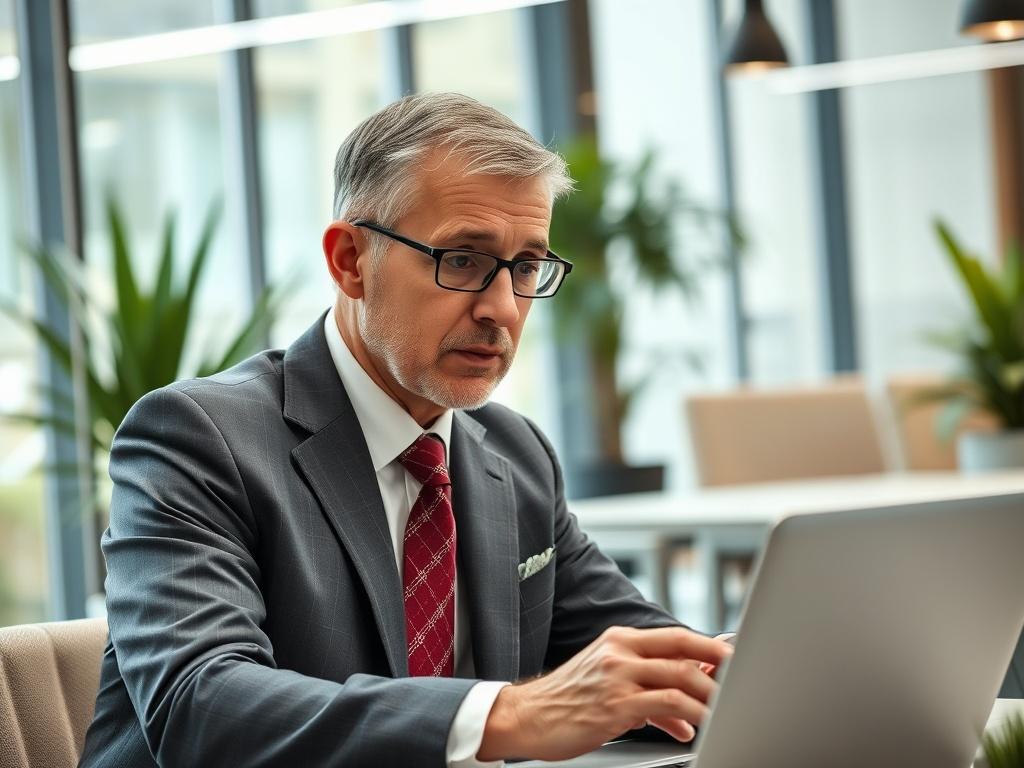 A high-resolution close-up photo of a confident executive in a modern office setting, engaging in a discussion over a laptop. The background should be a sleek, contemporary workspace with a hint of greenery to convey a vibrant work environment. The executive should be a middle-aged person, dressed in a tailored suit, showcasing professionalism and charisma.