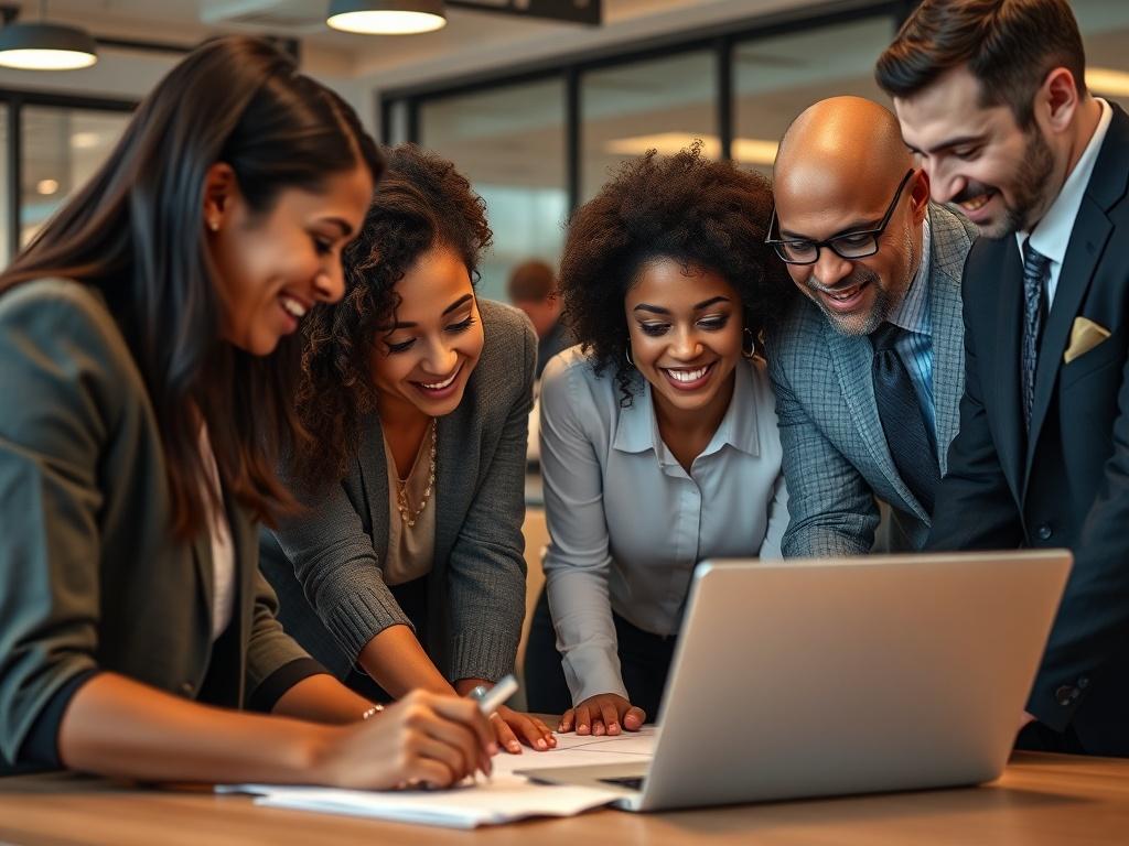 A high-resolution close-up photo of a diverse group of professionals collaborating in an office setting, showcasing teamwork and engagement. The background should be blurred to emphasize the group in focus, with warm lighting to create an inviting atmosphere. The people should represent a mix of genders and ethnicities, dressed in business casual attire, discussing over a laptop and notes.