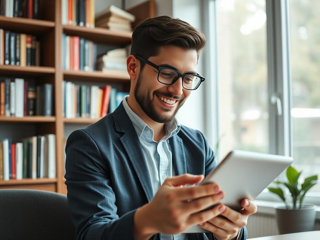 A high-resolution close-up photo of a satisfied business owner reviewing candidate profiles on a tablet in a well-lit office. The background should feature a bookshelf filled with business books and a window allowing natural light to illuminate the space. The owner should be a young professional, exhibiting a look of contentment and focus.
