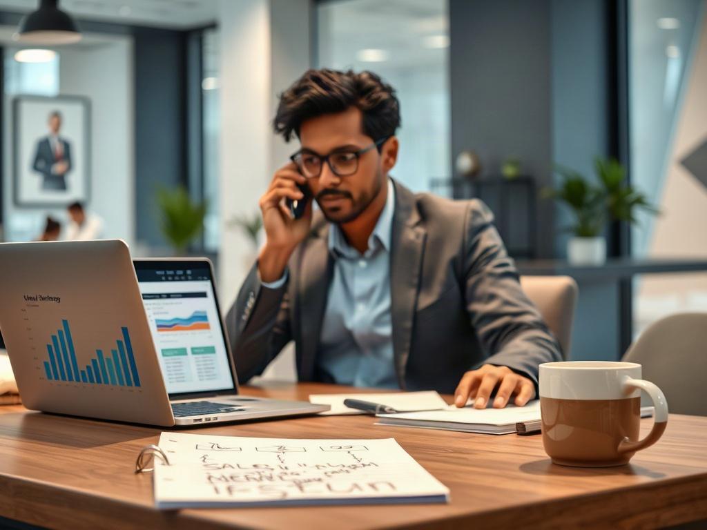 **Prompt for AI Image Generator:**

Create a realistic high-resolution close-up shot of a professional recruiter sitting at a modern desk, deeply engaged in a conversation over the phone. The recruiter is a mid-30s individual of diverse background, dressed in business casual attire, conveying an approachable yet knowledgeable demeanor. They are surrounded by a well-organized workspace featuring a laptop displaying graphs and charts about sales and marketing team structure. 

In the foreground, include perso