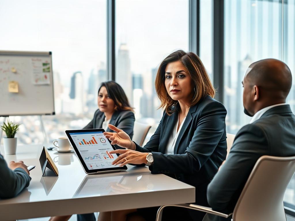 **AI Image Generation Prompt:**

Create a realistic high-resolution photo featuring a diverse group of three executives engaged in a focused discussion in a modern, well-lit office environment. The scene should showcase an individual sitting at a contemporary conference table, leading the conversation with confidence and enthusiasm. This main subject, a middle-aged woman of Hispanic descent in business attire, should be animatedly gesturing towards a digital tablet displaying key data and insights relevant 