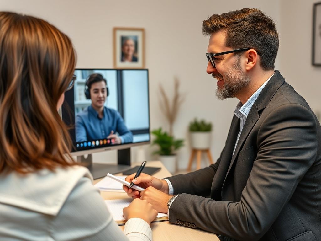 A recruiter conducting a video interview with a candidate, displaying a professional yet welcoming demeanor. The setting is a home office with a clean backdrop, showcasing a calm and focused atmosphere. The recruiter is taking notes while engaging with the candidate on the screen.