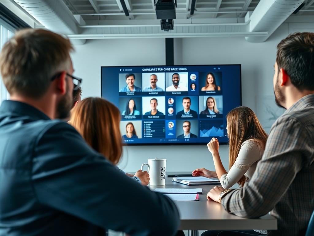 A collaborative meeting with a team reviewing candidate profiles on a large screen. The atmosphere is dynamic and focused, with team members engaged in discussion. The room is bright and modern, filled with enthusiasm as they evaluate potential hires.