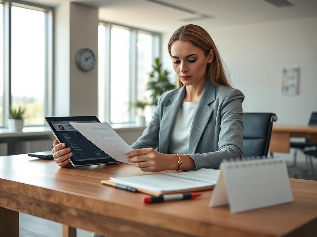 Create a hyper-realistic high-resolution image featuring a professional businesswoman in a modern office setting. She is the sole subject, seated confidently at a sleek wooden desk, while intently reviewing a series of documents and a digital tablet displaying candidate profiles. The background should showcase a clean, minimalistic office design with large windows allowing natural light to stream in, illuminating the workspace. 

The desk is neatly organized, displaying a notepad with handwritten notes and 