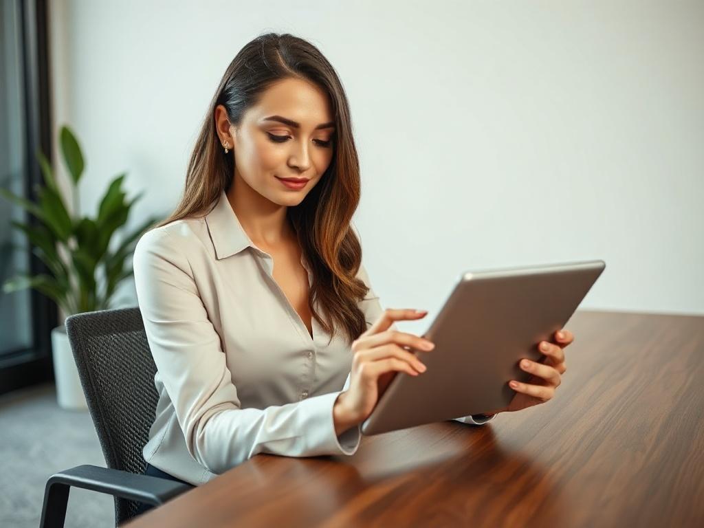 Generate a realistic high-resolution photo of a professional businessperson, a young woman in her early thirties with a confident expression, seated at a modern, sleek wooden desk in a well-lit office environment. She should be shown engaging with a digital tablet, reviewing a visual decision tree that outlines the stages of startup funding (pre-seed, Series A+) along with factors such as urgency, budget, and risk tolerance. 

The composition should be simple and clear, focusing solely on the woman interact