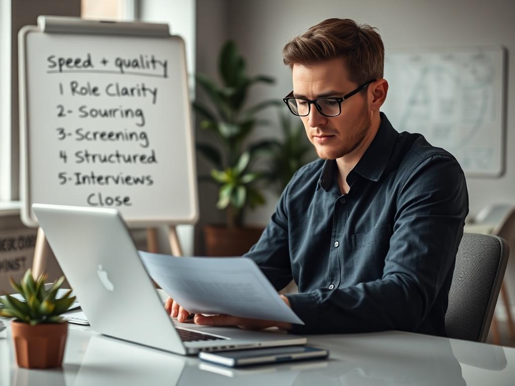 Create a realistic high-resolution photo featuring a focused individual sitting at a modern desk in a well-lit office space. The subject, a mid-30s professional with an engaged expression, should be reviewing candidate resumes on a sleek laptop, emphasizing the concept of efficient hiring. 

In the background, include a whiteboard with neatly organized notes outlining a "speed + quality" framework: "Role Clarity → Sourcing → Screening → Structured Interviews → Close", but ensure that the notes are intention