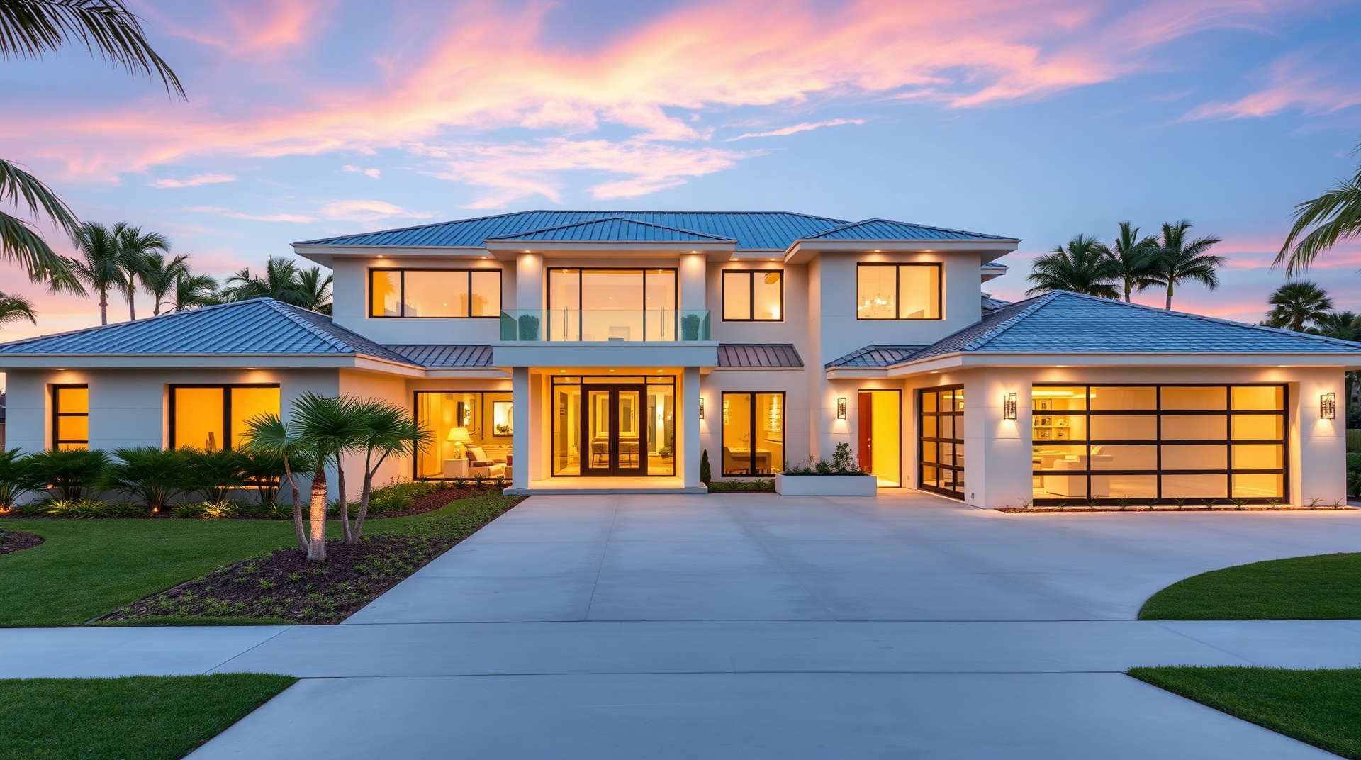 Luxury custom home exterior at golden hour with premium materials and landscaping