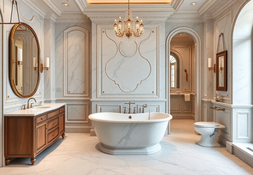 Upscale luxury bathroom with marble finishes