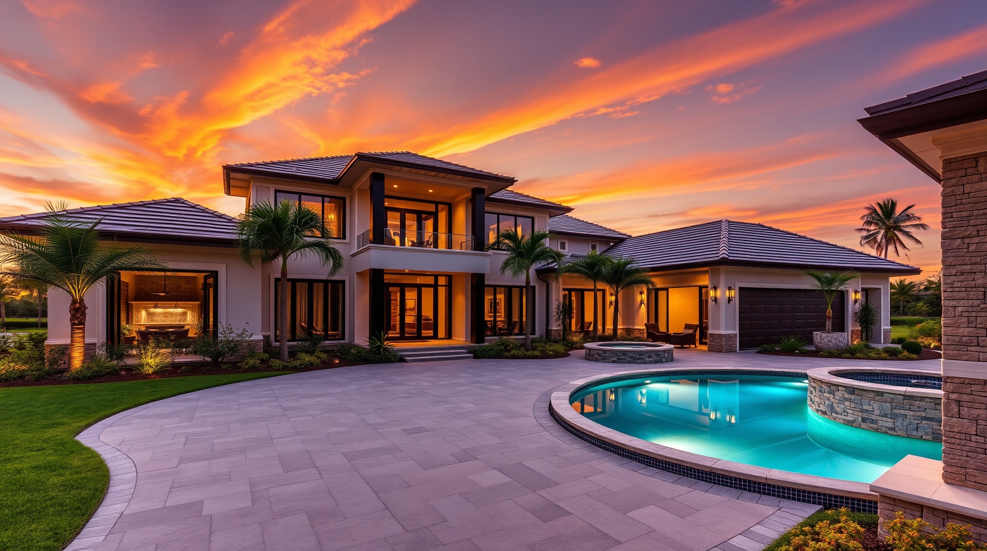 Luxury custom home at sunset with premium architectural design