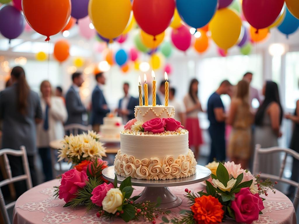 A vibrant close-up shot of a birthday party setup, featuring colorful balloons, a beautifully designed cake on an elegantly decorated table, and cheerful decorations around. The background should include a festive environment with guests mingling, capturing the essence of joy and togetherness. This image should convey the excitement and fun atmosphere of a well-planned private celebration.