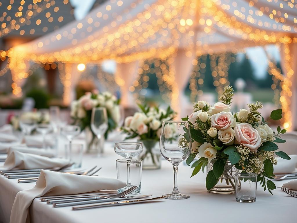 A stunning close-up of a wedding reception setup, showcasing a beautifully decorated table with delicate floral arrangements, elegant linens, and sparkling glassware. The background reveals a softly lit outdoor venue adorned with fairy lights, creating a romantic ambiance. This image should evoke feelings of joy and celebration, reflecting the meticulous planning and attention to detail involved in executing a memorable wedding.