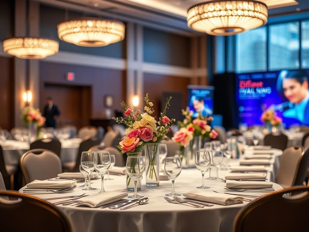 A close-up shot of a beautifully arranged corporate event table setting, featuring elegant tableware, centerpieces of fresh flowers, and ambient lighting. The background shows a softly blurred view of a modern conference room, with banners and branding related to a corporate event. The overall atmosphere should be professional yet inviting, capturing the essence of a successful corporate gathering.