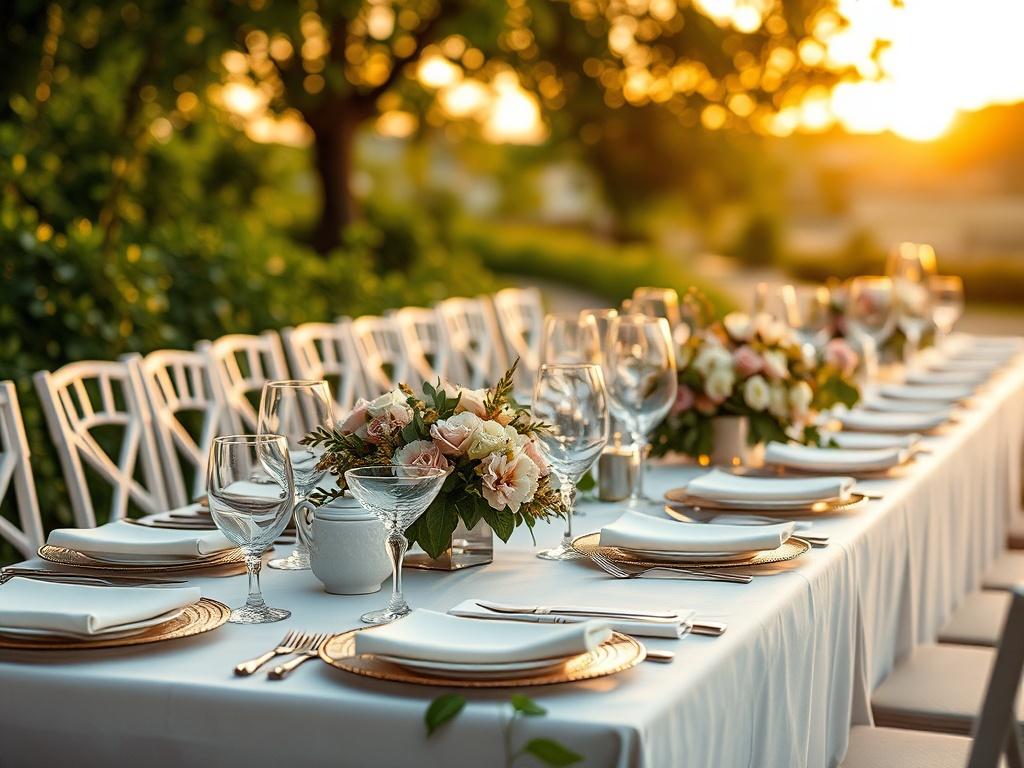 A beautifully set outdoor event table with elegant decorations, surrounded