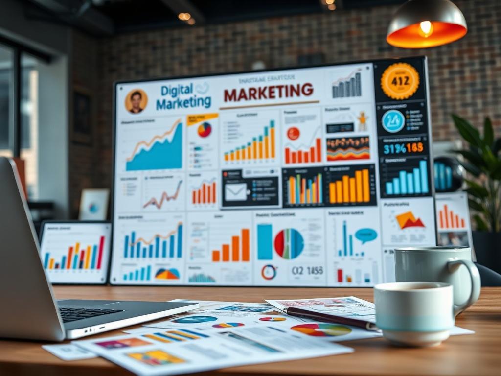 A vibrant digital marketing strategy board featuring charts, graphs, and