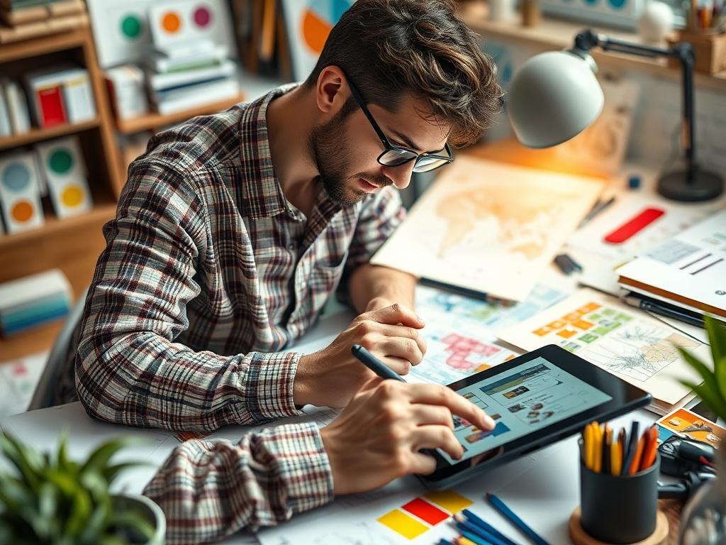An artistic workspace showcasing a designer at work, surrounded by