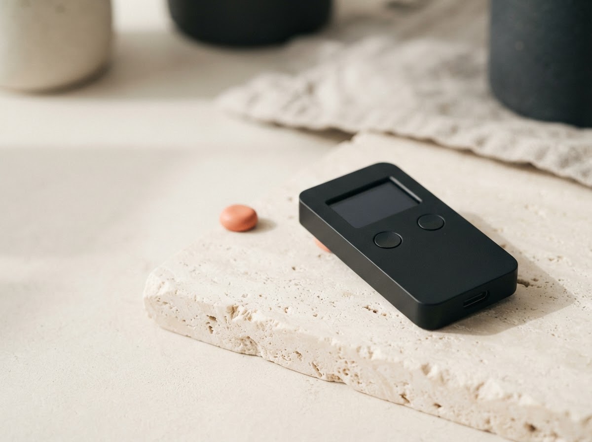 A black hardware wallet ready for setup