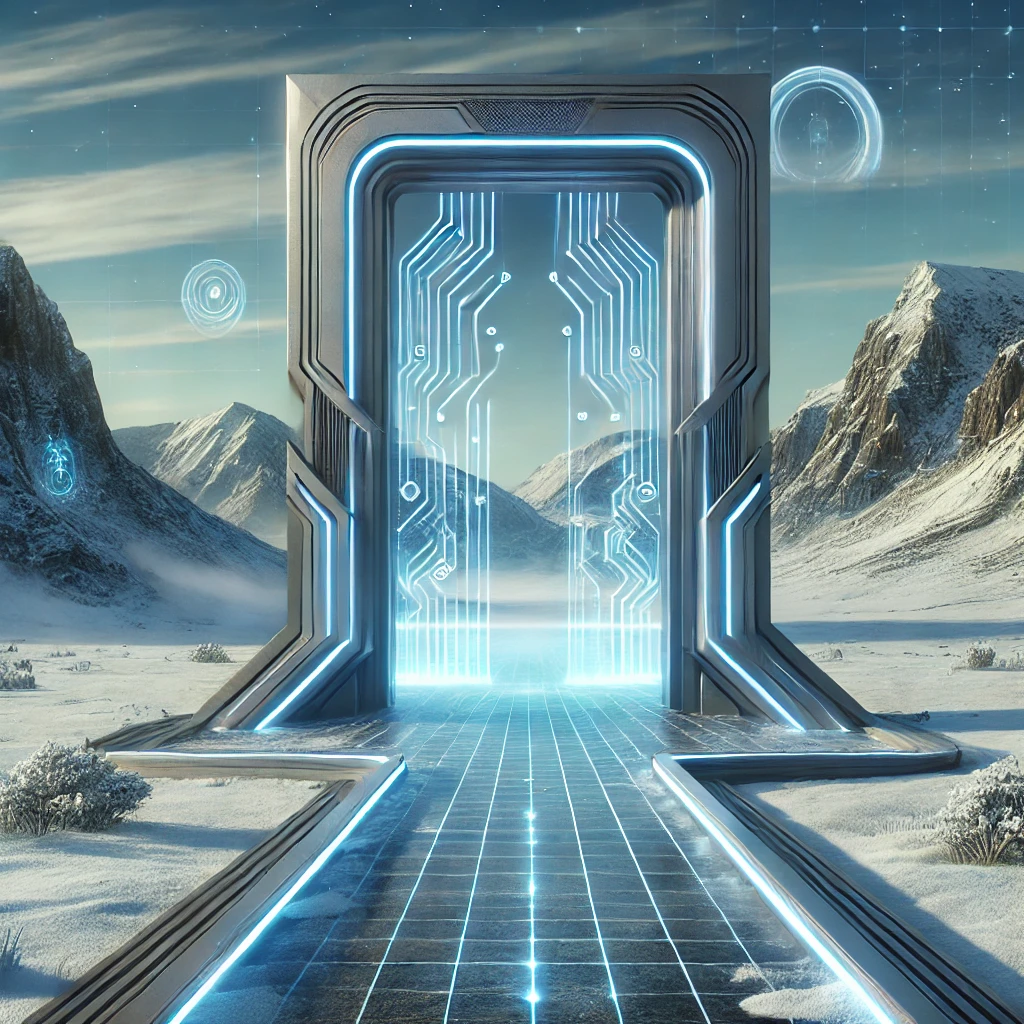 dall·e 2024-09-09 17.30.55 - a high-tech futuristic gateway set in a snowy landscape, representing a digital gate or proxy. the gate has sleek, modern lines, with icy blue glowing.webp
