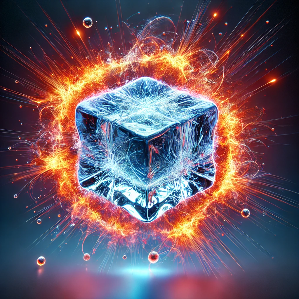 dall·e 2024-06-30 01.05.04 - an abstract image of an ice cube surrounded by vibrant, fiery flares emanating from the ice itself. the flares should appear as if they are originatin.webp