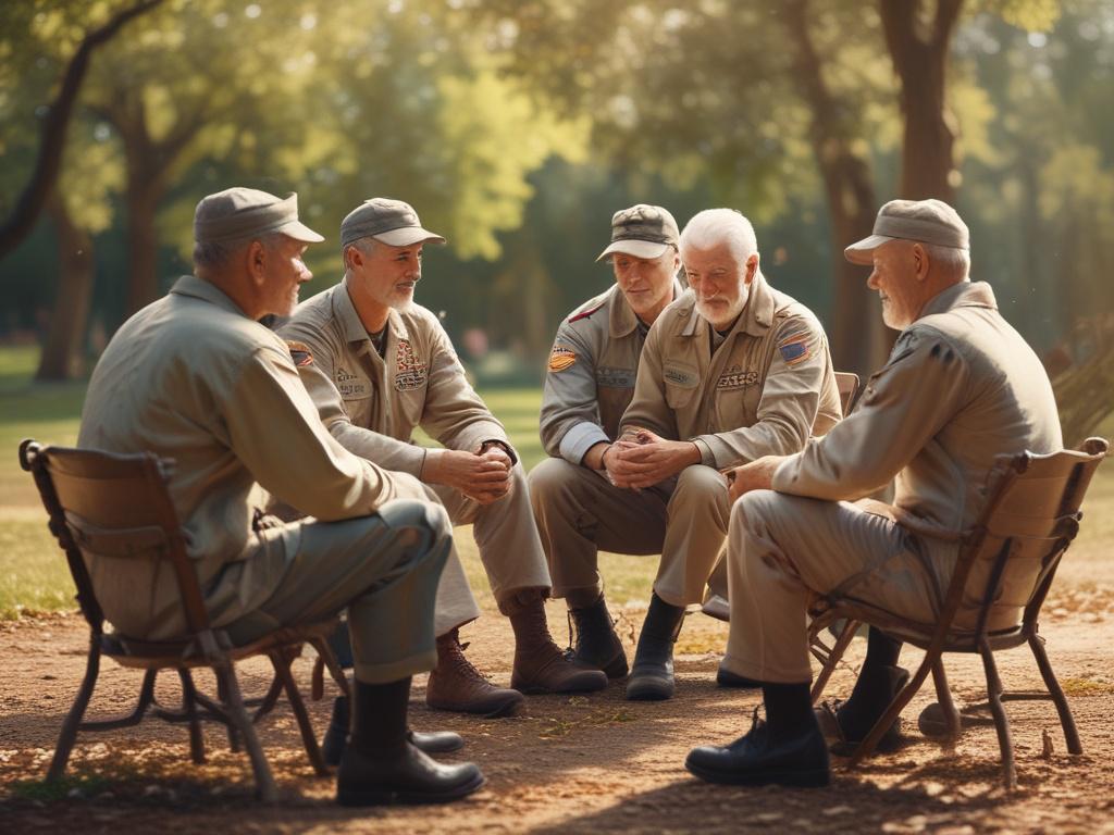 A group of veterans sitting in a circle, engaged in