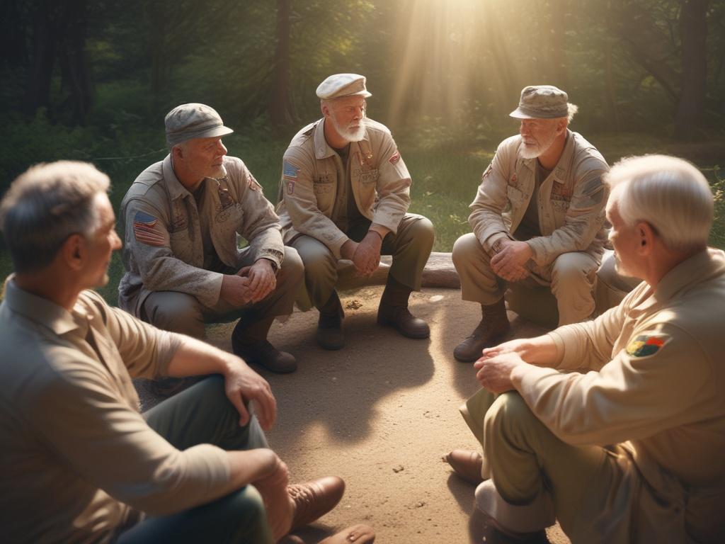 A group of veterans gathered in a circle, engaging in