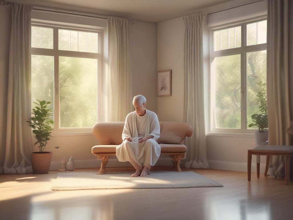 veteran in tranquil environment, peaceful setting, soft lighting, gentle colors,