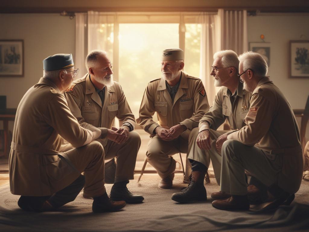 group of veterans in support circle, warm lighting, inviting atmosphere,