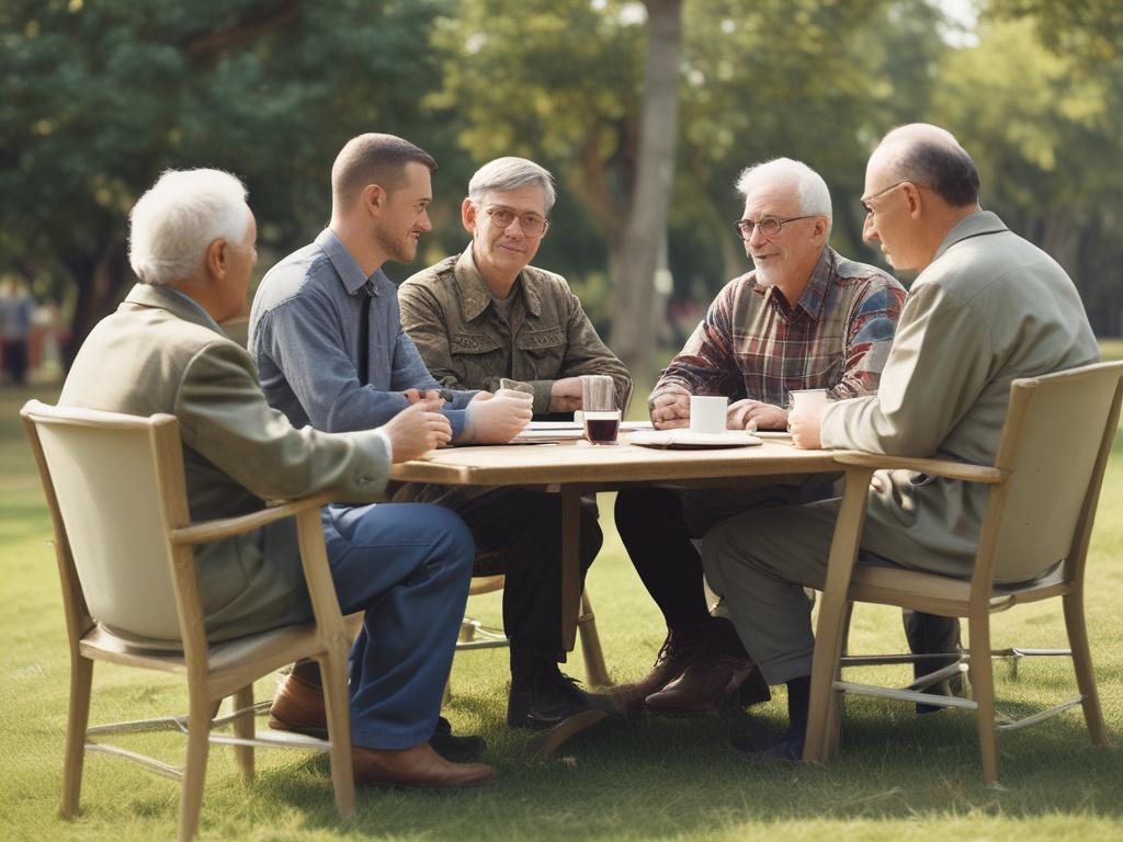 high resolution of veterans engaged in a theological discussion in
