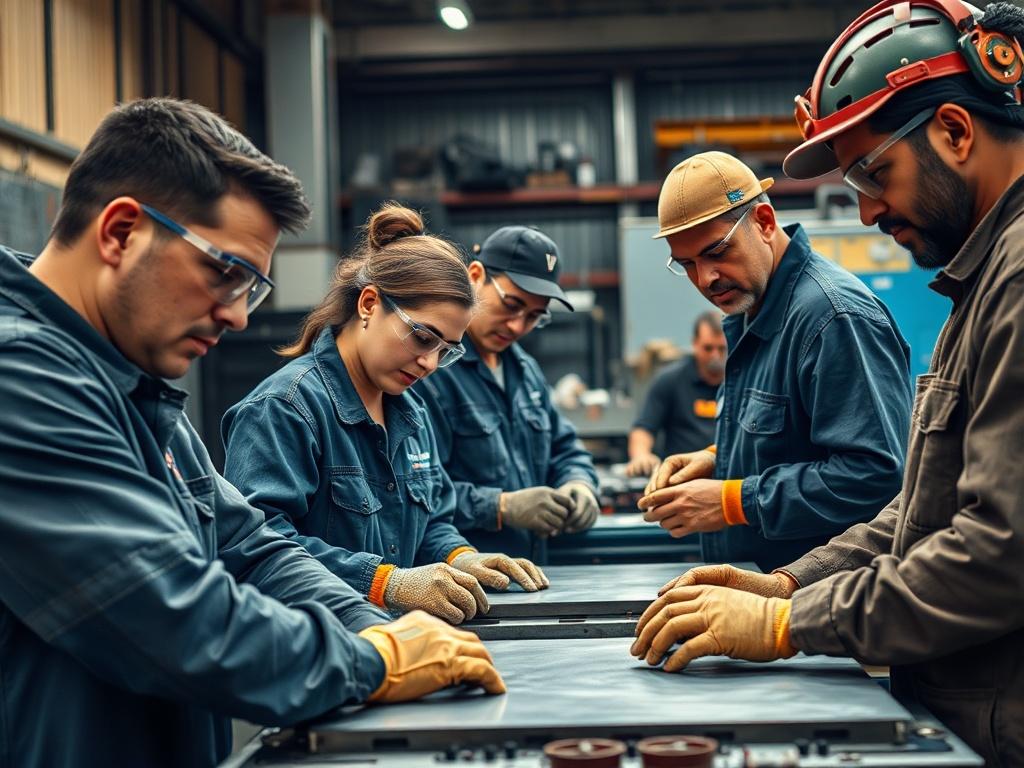 A hyper-realistic close-up shot of a diverse group of male and female workers in a sheet metal shop. The scene captures the vibrant energy of the workspace, showcasing workers of various ethnicities collaborating on sheet metal projects. Each worker is focused on their tasks, wearing safety gear such as goggles and gloves, surrounded by tools and machines. The background features metal sheets and equipment, conveying a sense of industry and craftsmanship. The image should have a warm, inviting atmosphere, w