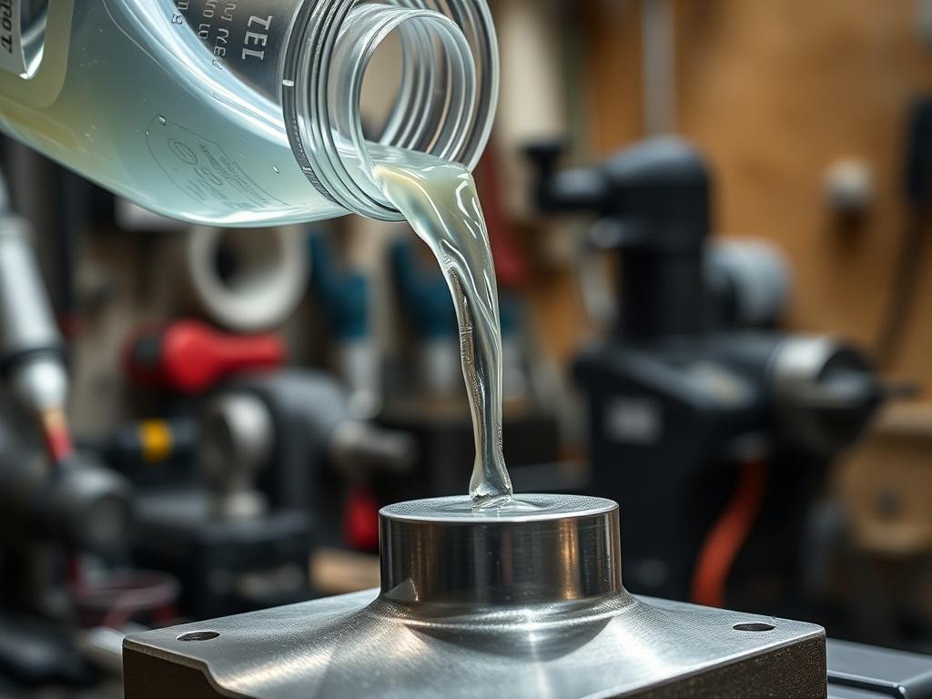 A realistic high-resolution close-up shot of a fully synthetic metalworking fluid being poured from a clear container onto a metal workpiece in a workshop setting. The focus should be on the fluid's smooth consistency and the shimmering surface of the metal, highlighting its effectiveness in cutting, grinding, and forming operations. The background should be softly blurred to emphasize the action of the fluid application, with tools and machinery subtly visible to convey a professional metalworking environm