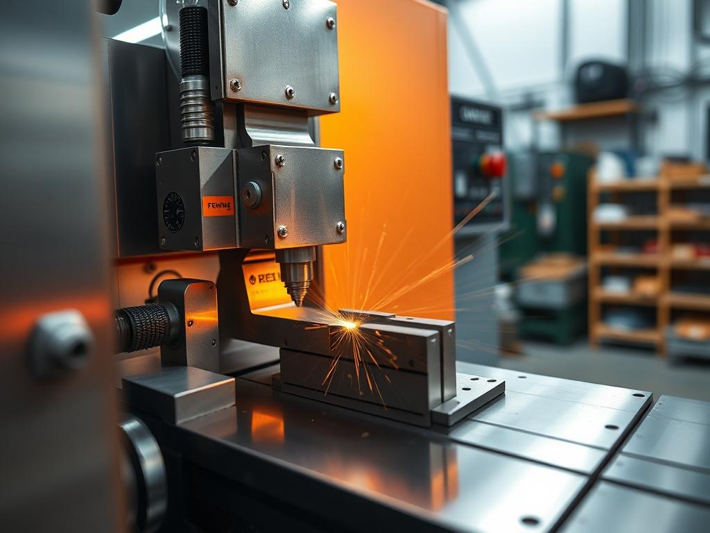 A realistic high-resolution photo of a metal machine fabrication shop, showcasing a close-up view of a precision CNC machine in action. The focus is on the intricate details of the machine's moving parts and the metal being shaped, with a clean and organized workshop background. The lighting should highlight the shiny surfaces of the metal and machinery, emphasizing a modern and efficient working environment. The color scheme should harmonize with the #5CDB95 primary color.