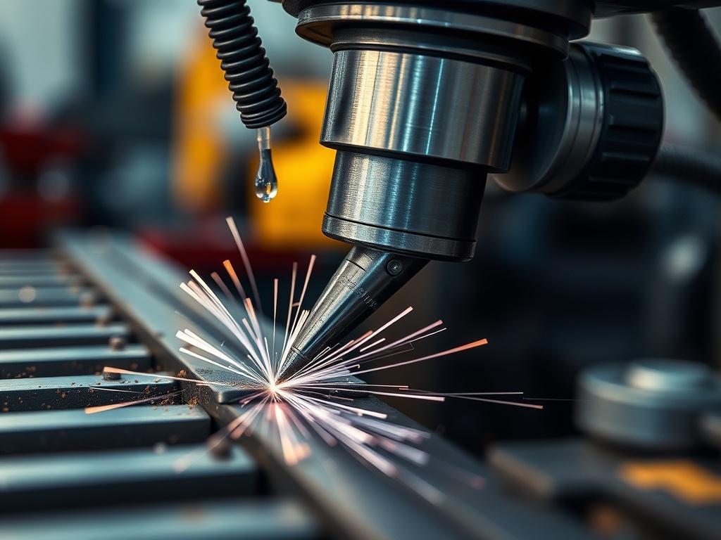 Create a hyper-realistic close-up shot of metal cutting operations in action. Focus on a cutting tool engaged with metal, showcasing the cutting fluid being applied to enhance efficiency. The background should be a blurred workshop environment, emphasizing the precision and dynamic nature of metalworking. The image should be vibrant, highlighting the metallic surfaces and the fluid's sheen, optimized for a primary color palette of #5CDB95.