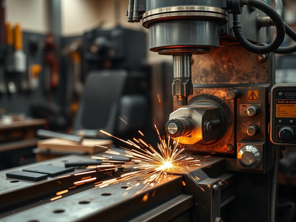 A hyper-realistic close-up shot of a metalworking machine in action at a fabrication shop. The machine should be engaged in cutting metal with sparks flying, showcasing precision and power. The background should be slightly blurred to emphasize the machine, with hints of tools and metal shavings around, creating an industrial atmosphere. The image should reflect the vibrant #5CDB95 primary color in some of the elements, such as the machine's control panel or safety gear.