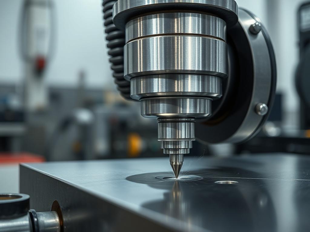 A close-up shot of a CNC machining and grinding tool in action, showcasing precision cutting on a metal surface. The background should be a clean, industrial workshop environment, emphasizing the tool's functionality and effectiveness. The image should reflect high-resolution detail, highlighting the sharpness of the cutting edges and the smooth finish of the metal being machined.