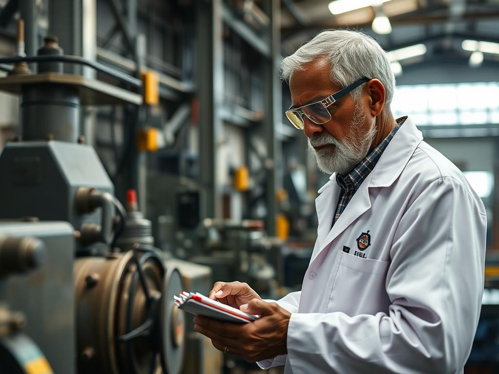 An older black chemical engineer wearing safety goggles and a lab coat, inspecting a metal fabrication facility. The engineer is focused on a piece of machinery, taking notes on a clipboard. The background showcases various metalworking equipment and tools, highlighting a clean and organized workspace. The composition should be simple and clear, capturing the engineer in action, with natural lighting illuminating the scene.