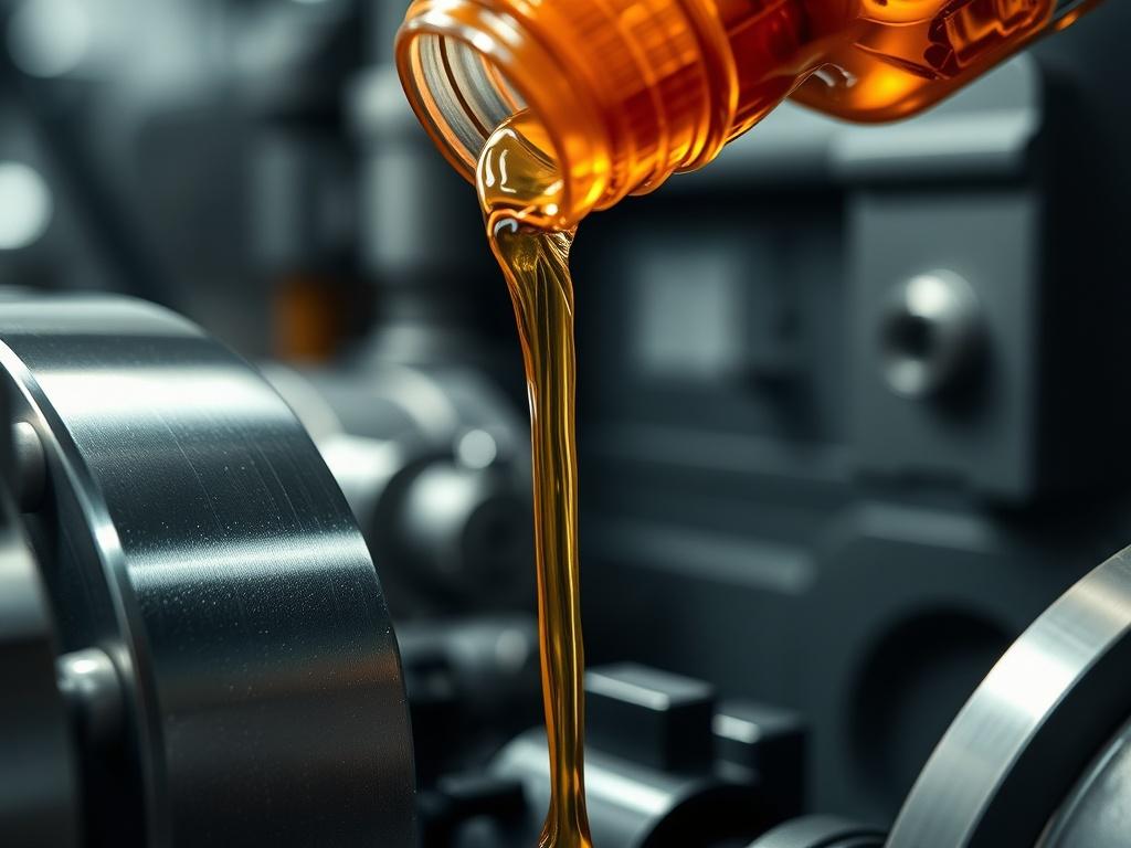 A close-up shot of a metalworking coolant fluid being poured from a bottle into a manufacturing machine. The focus is on the fluid as it glistens in the light, showcasing its viscosity and color. The background features blurred metallic machinery, emphasizing the industrial setting. The image is hyper-realistic, shot with a 45mm f/1.2 lens style, capturing the essence of precision in metalworking.